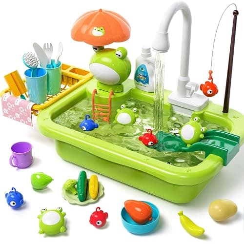 Play Sink with Running Water, Kitchen Play Sink Toy with Electric Faucet, Play Kitchen Accessories, Floating Pool Toys & Fishing Game, Kids Pretend Play-Dishwasher Play Set for Boys Girls Toddlers - Image 1