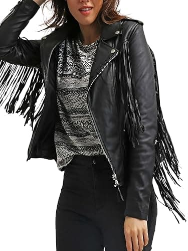 Leder Fashions Women's Stylish Fringe Genuine Biker Leather Jacket - Classic Black Tassel Motorcycle Leather Jacket - Image 1