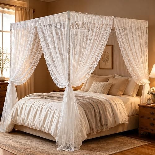Lace Canopy Bed Curtains Set, 4 Corner Double Layer Mosquito Net (White) | Queen Bed Canopy Curtains Soft Romantic Canopy Scarf Cute Bedroom Decor for Wedding Bedroom,No Pole,Consists of 8, 39" x 79" - Image 1