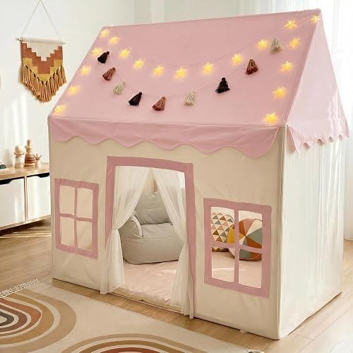 Large Kids Tent with mat, Star Lights, Tissue Garland, Play Tent Indoor & Outdoor, Kids Play Tent for Girl & Boy Aged 3+, Kids Tent for Toddler, 52" x35" x 52" Play House with Windows, Washable, Pink - Image 1