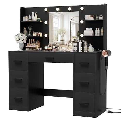 Furmax Vanity Desk with Mirror, LED Lights and Power Outlet Makeup Vanity Table with 7 Drawers and 6 Storage Shelves Dressing Table for Bedroom Dressing Room (Black) - Image 1