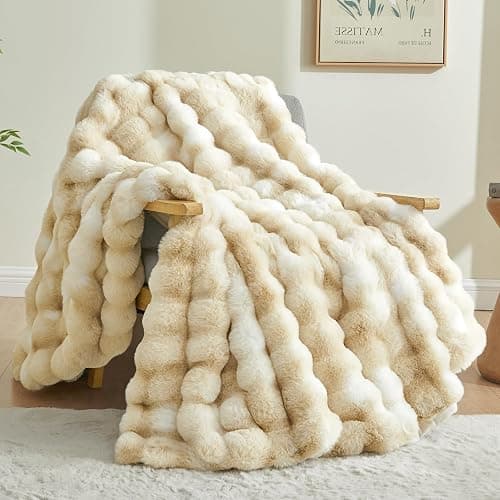 BEDELITE Faux Fur Throw Blanket for Couch, Decorative Tie-Dye Khaki Plush Bubble Blanket - Super Soft & Cozy Fluffy Faux Rabbit Fur Blanket for Women Gift, 60x80 Inches - Image 1