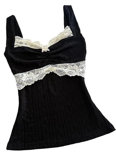 Sunloudy Women Coquette Grunge Tank Tops Vintage Aesthetic Lace Trim Camisole Ribbed Knit Slim Fit Fairy Shirt Clothes - Image 1