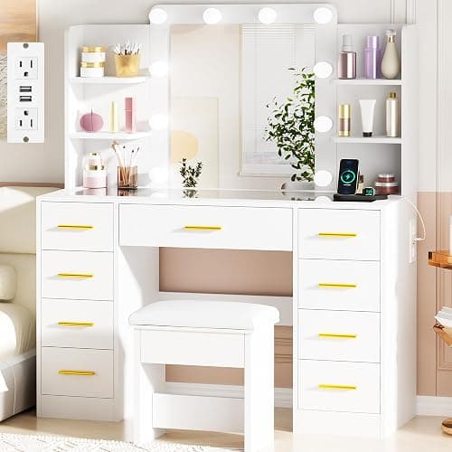 BEWISHOME Large Vanity Desk with Mirror and Lights,Glass Top,9 Drawers | White Makeup Vanity Table with 4 Storage Shelves,Dressing Table with Power Outlet,Vanity Stool for Women,Girls,Bedroom FST39 - Image 1