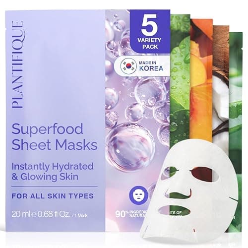 PLANTIFIQUE Korean Face Mask Skincare - Hydrating, Calming, Firming, 5 Pack | Variety Pack Sheet Masks, with Hyaluronic Acid - Aloe Vera, Peach, Coconut, Centella, Collagen & Coenzyme Q10 - Masque Visage - Image 1