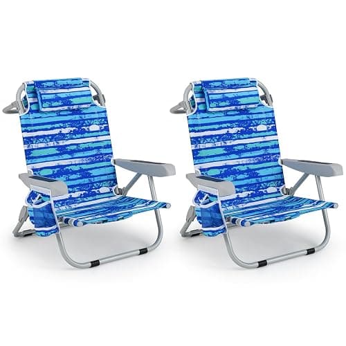 Goplus Beach Chair, 2 Pack 330lbs Folding Backpack Chairs for Adults with 5 Positions, Storage Pockets, Towel Bar & Headrest, Foldable Low Beach Lounge, Portable Aluminum Lay Flat Camping Chair - Image 1