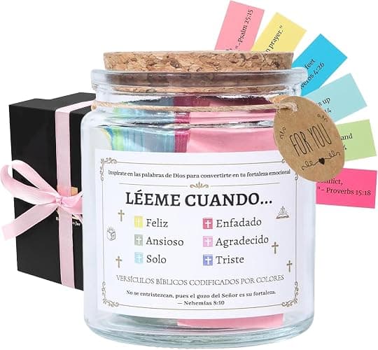 Handmade Spanish Bible Verse Jar with Color-Coded Messages, Frasco de Versículos Bíblicos en Español, Leeme Cuando te Sientas versículos en español,Regalos Cristianos, Inspirational Christian Gift Set - Image 1