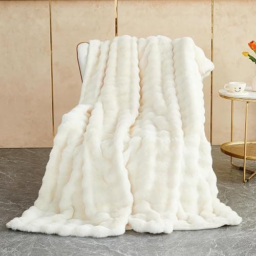 GKXLH Fluffy Blanket White - Soft Throw Blanket for Couch, Fuzzy Plush Rabbit Faux Fur Blanket, Cute Cozy Blankets for Women, Thick Bubble Blankets for Bed Sofa Bedroom Living Room - 51" x 63" - Image 1