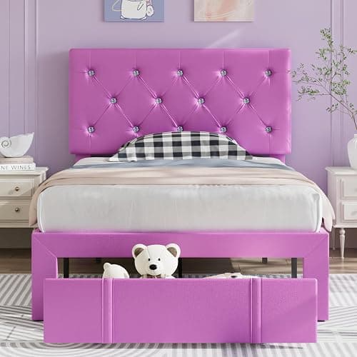 VECELO Twin Size Bed Frame with Storage Drawers, Leather Upholstered with Diamond Tufted Headboard, Solid Wood Slat Support, No Box Spring Needed, PU & Purple - Image 1