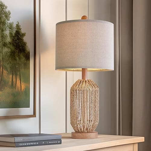 OYEARS 21" Boho Table Lamp for Living Room, Bedside Lamp for Nightstands, Rattan Lamp for Bedroom, Farmhouse Table Lamp for Room Decor, End Table, Retro, Brown, 1 Pack - Image 1