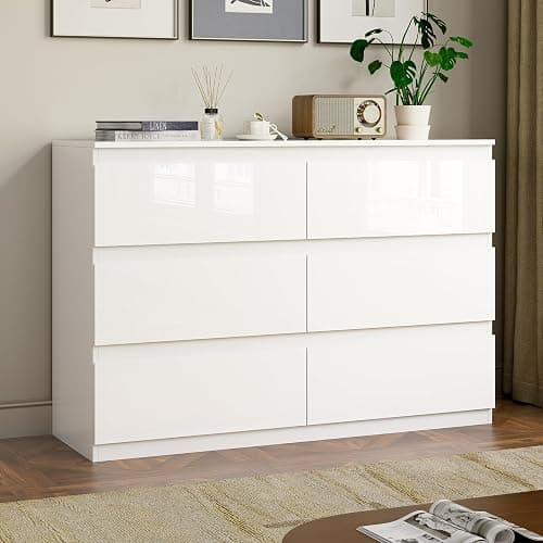 OtterOasis White Dresser for Bedroom Wood 6 Drawer Modern High Gloss | 47" Wide, Handle-Free, long, for Living Room, Entryway, TV Stand, Storing CLothes, Dressers & Chests of Drawers - Image 1