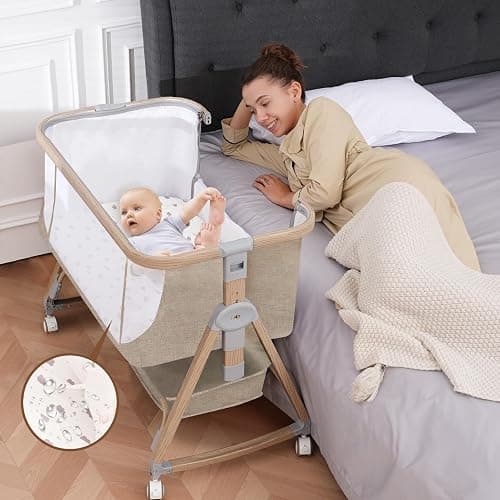 Baby Bassinet, Basinet Bedside Sleeper with Waterproof Bassinet Sheets and Soft Mattress, Safe Adjustable Height Bedside Bassinets with Wheels, Girl/Boy Bassinets, Jestonten (Khaki) - Image 1
