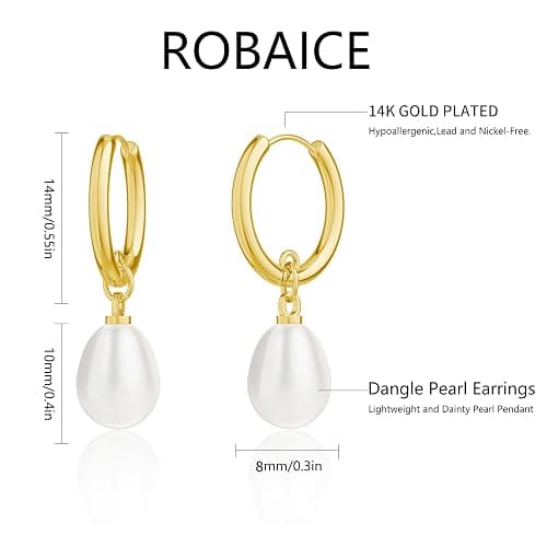 Robaice Pearl Earrings for Women, 14K Gold Plated Dangle Drop Earrings | Small Pearl Drop Huggie Hoop Earrings, Hypoallergenic Dainty Gold Earrings, Wedding Jewelry Gifts for Women Trendy - Image 1