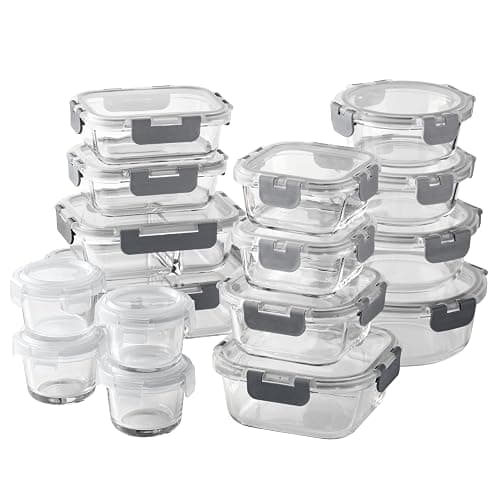 COOK WITH COLOR Premium 32-Pc. Borosilicate Glass Food Container Set with Dividers - 4 Rectangles, 8 Rounds, 4 Squares - Leakproof Lids - Meal Prep, Storage, Ombre Grey - Image 1