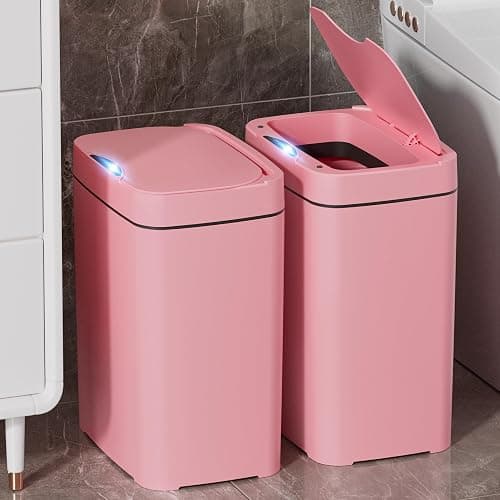 Vanpopubs 2 Pack 2.7 Gal Bathroom Trash Can with Lid, Automatic Trash Can Small Smart Garbage Can Touchless, Slim Motion Sensor Waterproof Plastic Trash Bins for Bedroom Office Kitchen Toilet Pink - Image 1