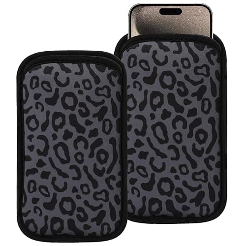 2 PCs Neoprene Cell Phone Sleeve Phone Pouch Compatible for Apple iPhone 16 Pro Max 16 Plus Galaxy S25 Ultra S25+ S24 FE A53 A32 A03s Pixel 9 Pro XL OnePlus 13 13R (Medium, Grey Leopard) - Medium: Fits Bared Phone or w/ Slim Case On - Grey Leopard - Image 1