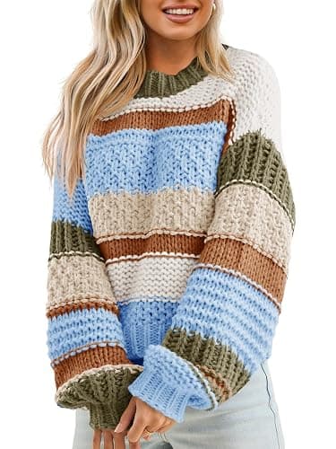 Saodimallsu Womens Color Block Sweater Striped Chunky Knit Cropped Sweaters Crewneck Fall Long Sleeve Loose Pullover Tops - Image 1