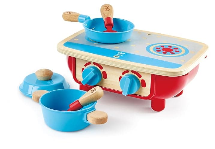 Hape Toddler Kitchen Set | Wooden 6 Piece Cooking Set, Pretend Kitchen Playset with Toy Stove, Frying Pan, Spoon, Spatula - Image 1