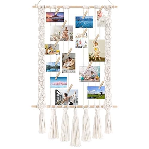 DTOFOOT Hanging Photo Display with 30 Wood Clips Macrame Wall Hanging Picture Holder Collage Picture Frame for Boho Home Room Decor Teen Girl Gifts for Birthday for Mom - Image 1
