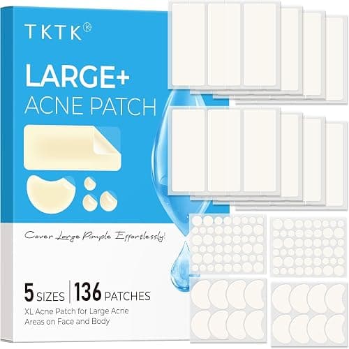 TKTK Large Pimple Patches for Face, 68 x 27 mm XL Hydrocolloid Bandages, Big Acne Patches for Body, Forehead, Chin, Nose, Chest and Back Blemish Zit Breakouts (Strip, Contoured, Dot 5 Sizes 136 Count) - Image 1