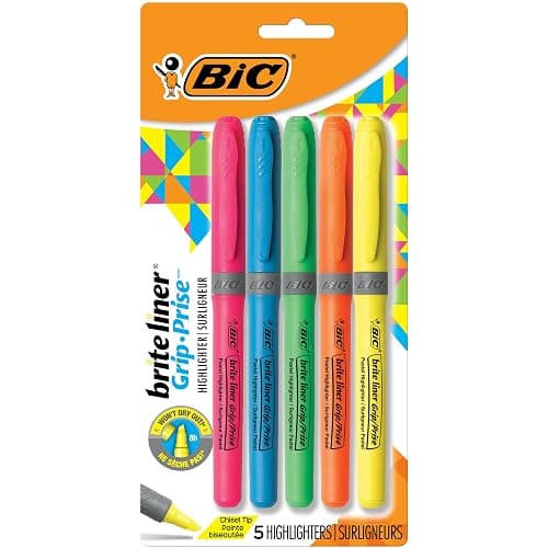BIC Brite Liner Grip Highlighter, Chisel Tip (1.6 mm), Assorted Colors, For Broad Highlighting & Fine Underlining, 5-Count - Image 1