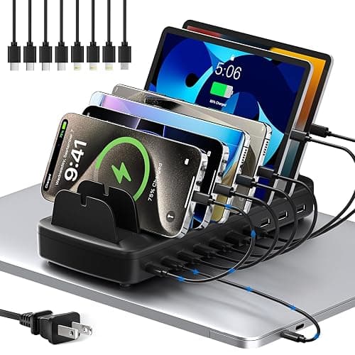 510W Fast Charging Station for Multiple Devices, 10 Port USB C Charger Station with Flame-Retardant Material & 8 Cables for iPhone, Android, iPad, Tablets, Family Office Desk Charging Dock Organizer - Image 1