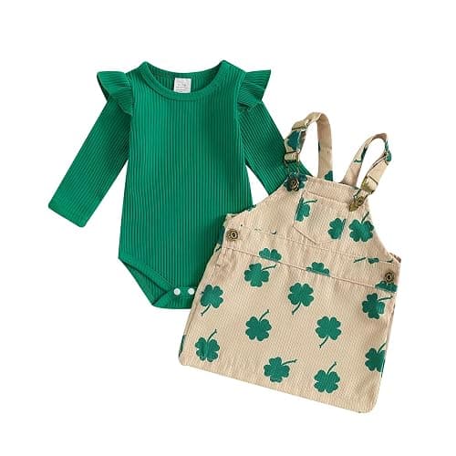 Karuedoo Newborn Baby Girl St Patricks Day Outfit Long Sleeve Romper Clover Corduroy Overall Dress Suspender Skirt Outfit Set - Image 1
