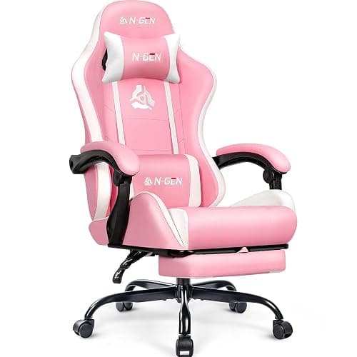 N-GEN GAMING Video Gaming Chair with Footrest Lumbar Support for Home Office High Back Recliner Height Adjustable Ergonomic Comfy Leather Computer Desk Chair (Pink) - Image 1