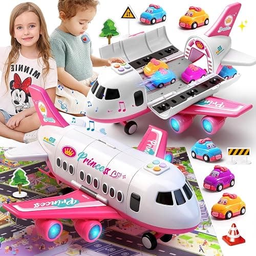 Pink Airplane Toy with Princess Cars and Play Mat,Plane with Lights and Sounds for 2 3 4 5 6 7 Year Old Toddler Girls,Birthday Gift Idea for Kids - Image 1