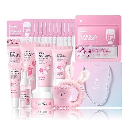 Skin Care Set Sakura Women Beauty Gift Sets Korean Skin Care Kit- Cleanser,Serum,Face Cream,Toner,Eye Cream,Mud Mask-Skin Care Routine Kit (One Size, Cherry Blossom-StyleB-Luxury Moisturizing) - Image 1