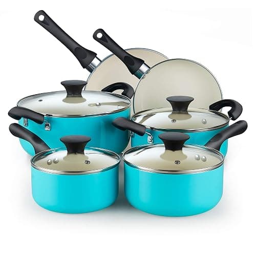 Cook N Home 10-Piece Ceramic Nonstick Cookware Set - Pots, Pans, Dutch Oven, Saucepans, Frying Pans and Lids - Turquoise - Image 1