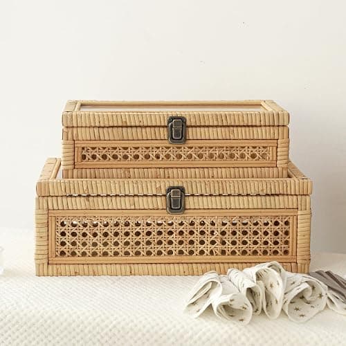 DECOR4SEASON Rattan and Cane Stacking Boxes with Glass Top Lid - Set of 2 for Boho, and Rustic Farmhouse Decor - Image 1