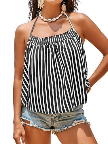 Tankaneo Womens Striped Halter Camisole Tank Tops Vacation Open Back Crop Tops Flowy Pleated Y2k Tshirts - Image 1