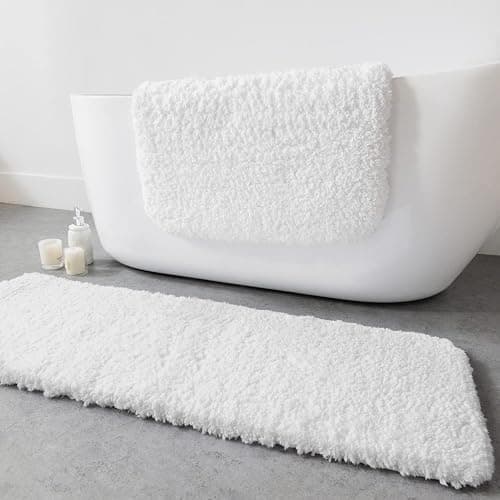Phantoscope Bathroom Rugs - Set of 2 Non-Slip Bath Mat Ultra Soft Microfiber Plush Bath Rugs Water Absorbing Shower Carpet Rugs, True White, 17 x 24 & 17 x 47 Inches - Image 1