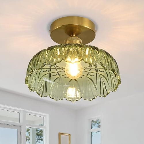 Povectolay Semi Flush Mount Ceiling Light Mid Century Modern Floral Green Glass Shade, Close to Ceiling Lighting Fixtures for Bedroom, Bathroom, Kitchen, Closet Laundry Room, Foyer and Hallway 1-Pack - Image 1