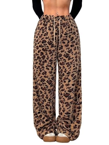ZAFUL Women's Fuzzy Plush Pajama Pants Drawstring Elastic Waist Wide Leg Teddy Pj Bottoms Lounge Pants - Image 1