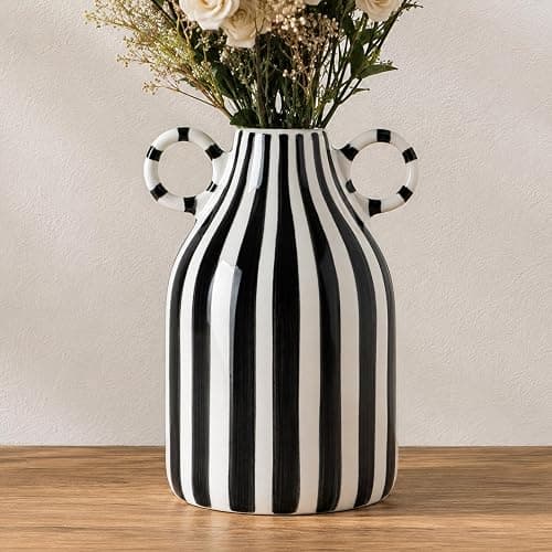 Black and White Ceramic Vase, Mid Century Modern Striped Small Vases for Flower&Pampas Grass Centerpiece, Black White Checkered Vase for Dining Table Kitchen Tabletop Minimalist Decorative - Image 1