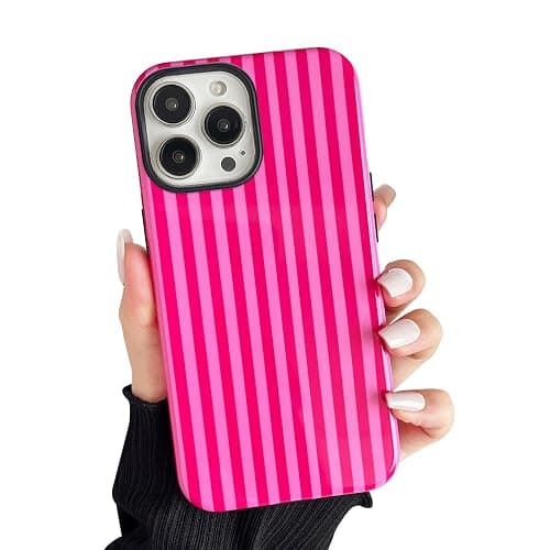 CHEDEMK Compatible with iPhone 15 Pro Max Case, Cute Fashion Aesthetic Striped Pattern Cover for Women, Shockproof Soft TPU and Hard PC Protective Phone Case for iPhone 15 Pro Max 6.7"- Hot Pink - Image 1