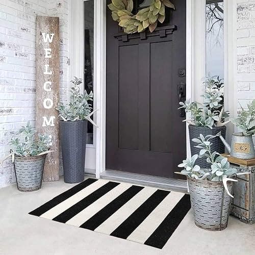 KaHouen Black and White Striped Rug (23.6 x 35.4 Inches), Indoor Outdoor Striped Doormats, Handmade Woven Farmhouse Layered Door Mats Striped Mat for Front Door/Kitchen/Laundry/Bathroom/Living Room - Image 1