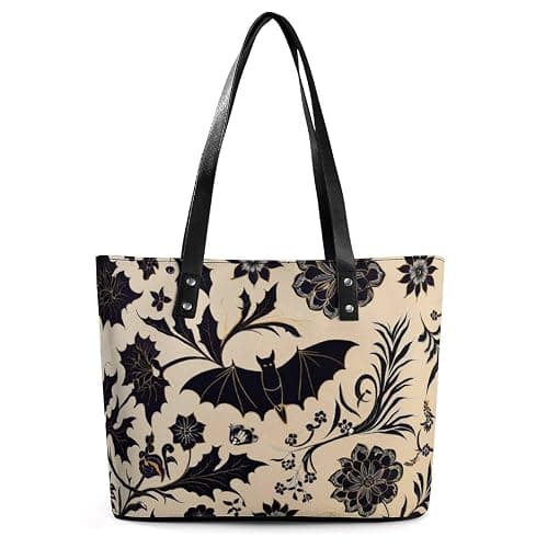 SWEET TANG Soft Leather Shoulder Bags Retro Travel Weekender Bag Shopper Handbag - Retro Vintage Halloween Bat Flower Pattern Cu Tote-Handbag Travel Business Shopping, Multi-Function Satchel Bags - Image 1