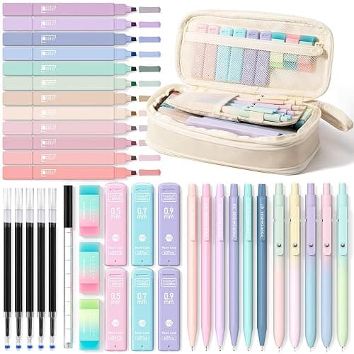 Four Candies 39 PCS Aesthetic School Supplies with Cute Pen Case, 12 Pastel Highlighters, 5 Black Ink Gel Pens, 6 Mechanical Pencils Set for Students Stationery College Essentials, Cream - Image 1