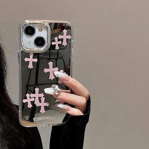 xoniery Compatible with iPhone 15 Cute Glossy Mirror Back Case,Cross Pattern,Senior Shockproof Protection for iPhone 15 Case for Women Girls-Pink - Image 1