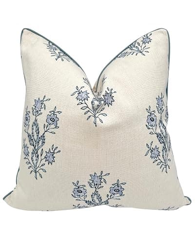 Jillien Harbor “The Mary” Blue and White Decorative Throw Pillow Cover – Floral Block Print Pillow Cover – Grandmillennial Home Decor, 19" x 19" - Image 1