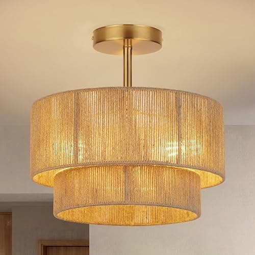3-Light Boho Light Fixtures Ceiling Mount,12.6'' Rattan Semi Flush Mount Ceiling Light Fixture,Coastal Hemp rope Drum Light Fixtures with 2-Tier Shade, Farmhouse Light Fixture for Bedroom Hallway - Image 1