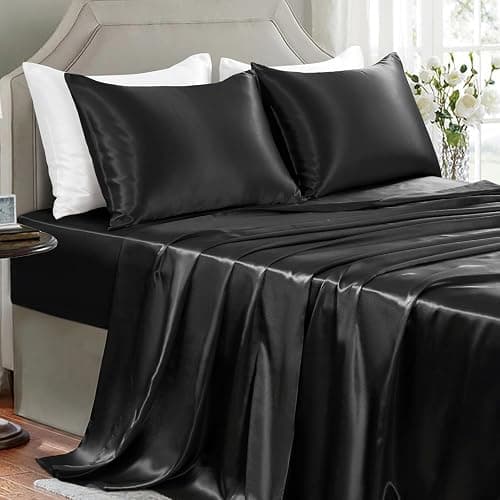 GOLAL Satin Sheets Full Size - 4 Pieces Luxury Silky Soft Bed Sheets, Wrinkle-Free Black Satin Silk Sheet Set with 1 Deep Pocket Fitted Sheet, 1 Flat Sheet, 2 Pillow Cases - Image 1