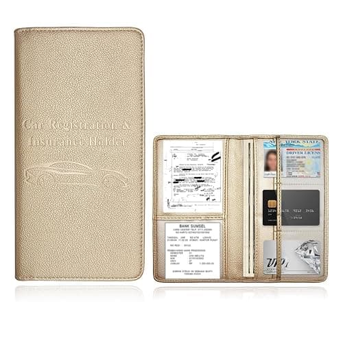 Wevdn Car Registration and Insurance Holder, PU Leather Vehicle Glove Box Organizer with Magnetic Shut, Wallet Case for Insurance Card Driver License Document, Car Accessories (Beige, Matte) - Image 1