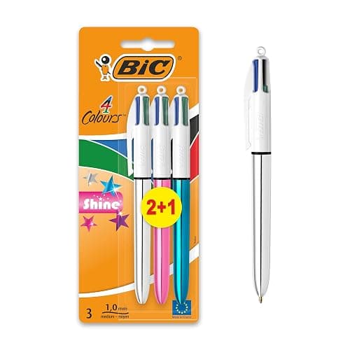BIC 4 Colours Shine Ballpoint Pens Medium Point (1.0 mm) – Assorted Metallic Barrels, Pack of 2+1 - Image 1