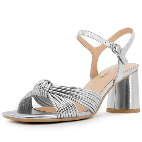 FINDVELL Women's Heeled Sandals Chunky Heel Strappy Metallic Braided Knotted Square Open Toe Ankle Strap Block Heel Sandals - Image 1