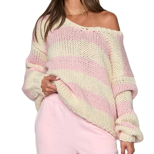 Women Striped Knit Sweaters 2025 Oversized Fall Winter Drop Shoulder Color Block Long Sleeve Loose Fit Pullover Tops - Image 1