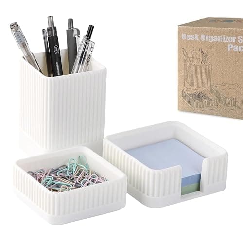 Aesthetic Desk Organizers and Accessories Set of 3 with Pen Holder,Paperclip Holder,Sticky Note Holder - Durable Plastic Pencil Holder for Office Women Men-Teacher Appreciation/Back-to-school Gift - Image 1